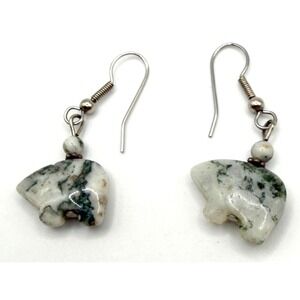 Vintage Bear Glass Earrings White & Green Marbled Silver Tone Pierced